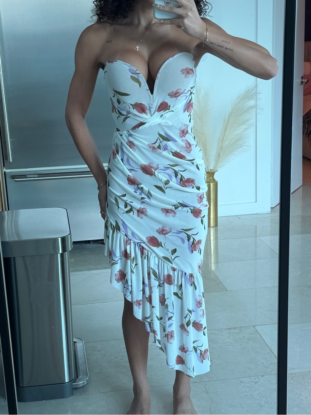 JLUXLABEL White Strapless Floral Asymmetric Ruffle Midi Dress